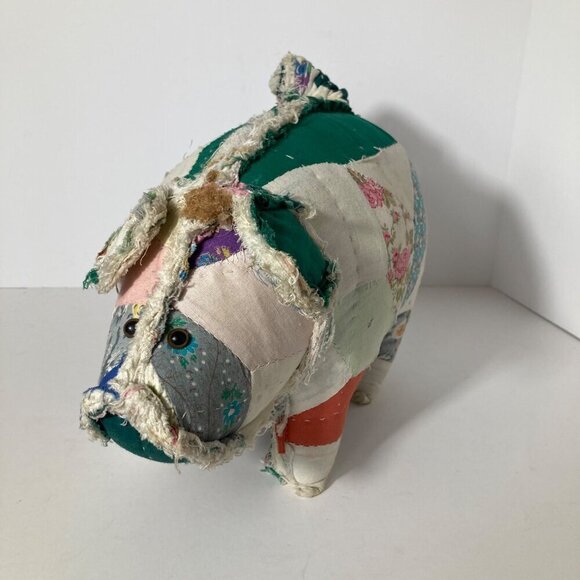 Vintage Handmade Quilted Pig Stuffed Animal 9 x 12" Multicolored Very Firm Flaw
